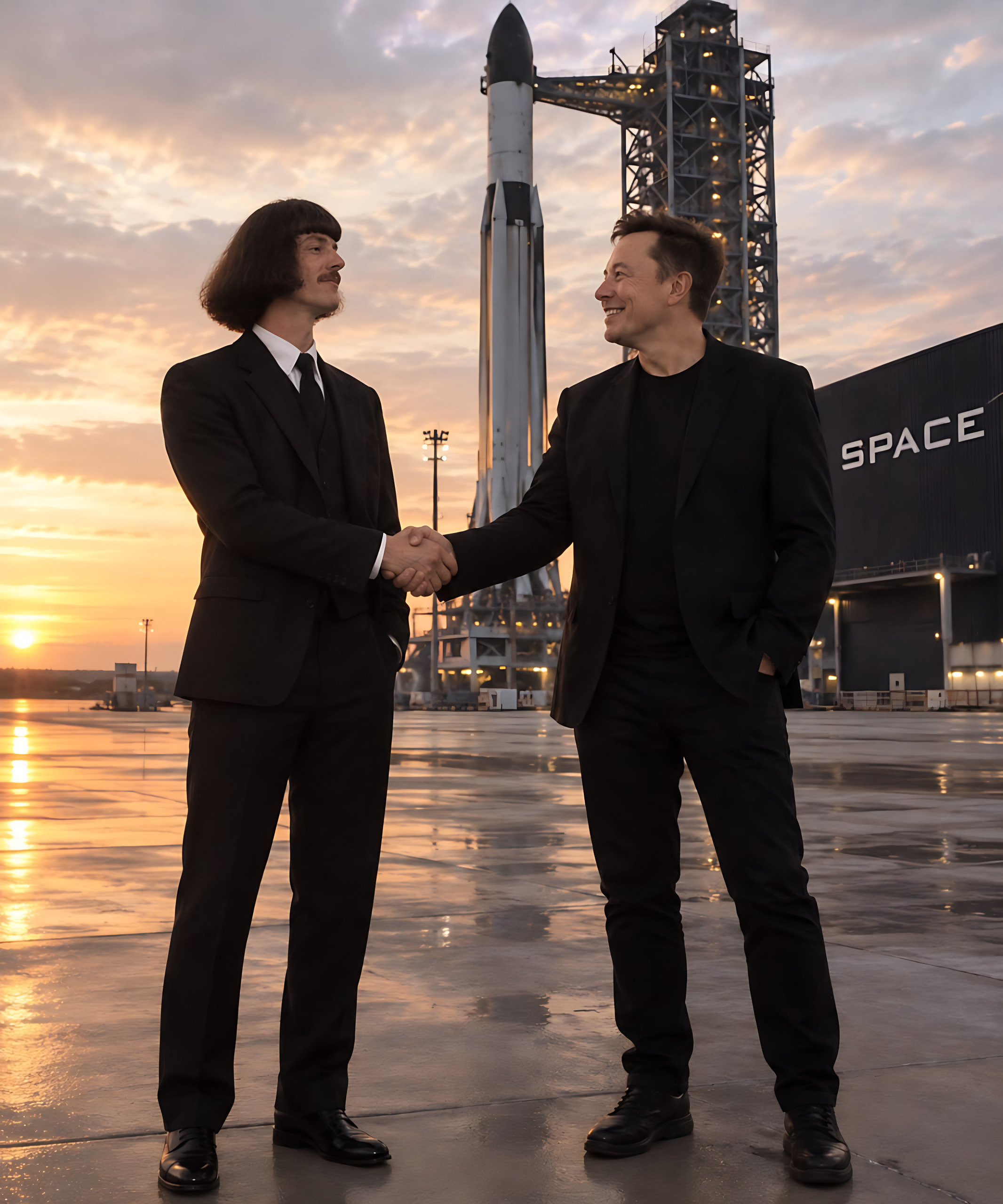 SOL Phil in a black suit shakes hands with Elon Musk in front of a rocket at sunset