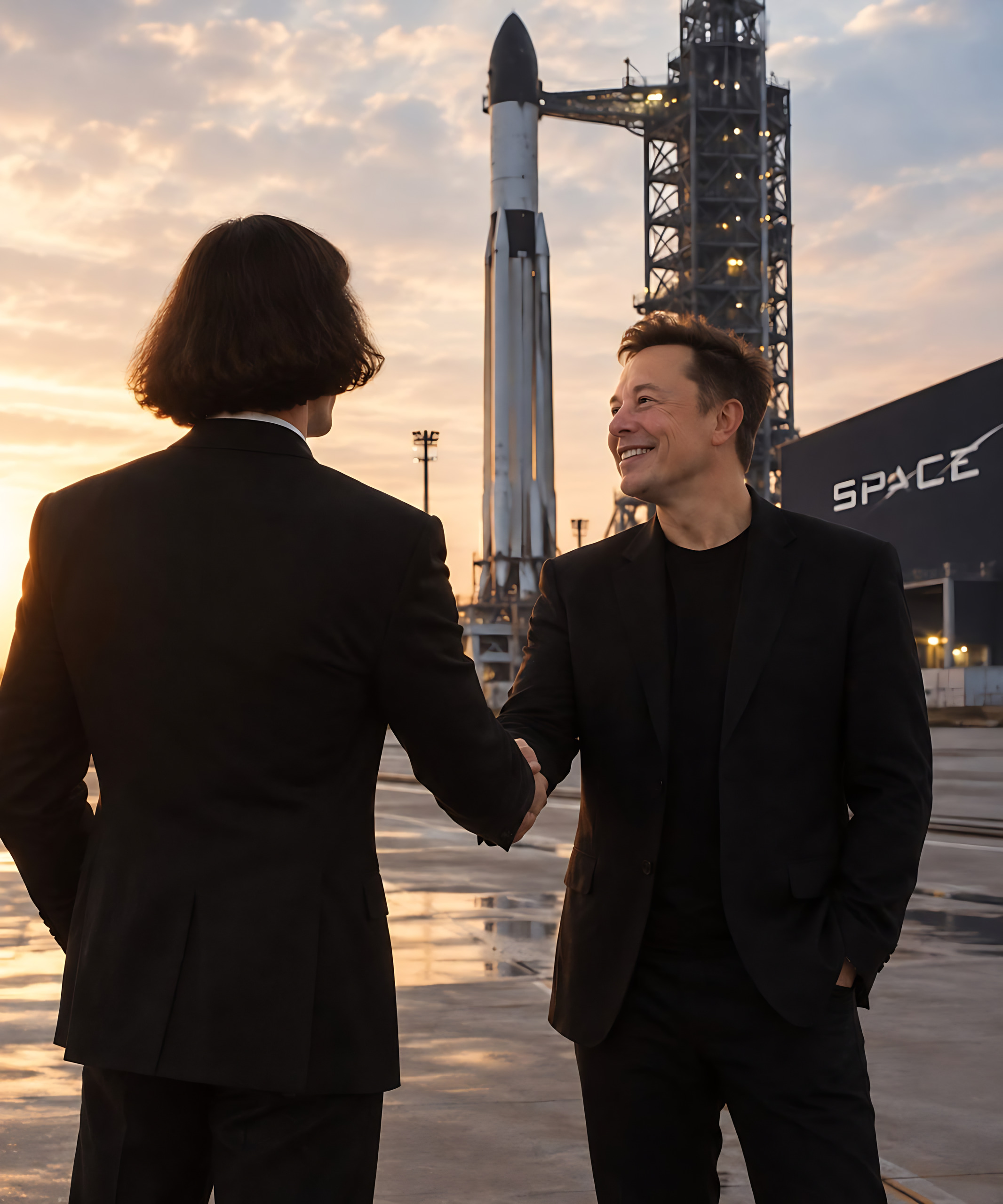 SOL Phil, seen from behind, shakes hands with Elon Musk beside a rocket at sunset
